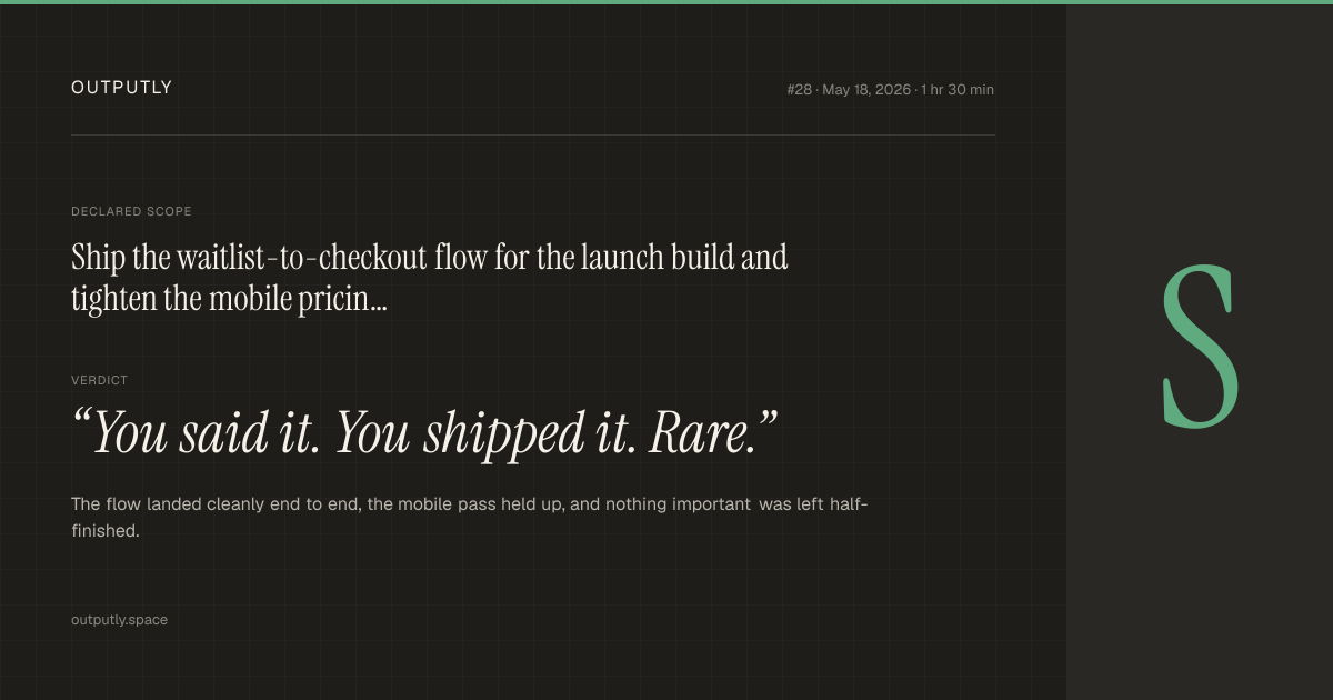 Sample Outputly poster showing a highest-tier indie hacker session result.
